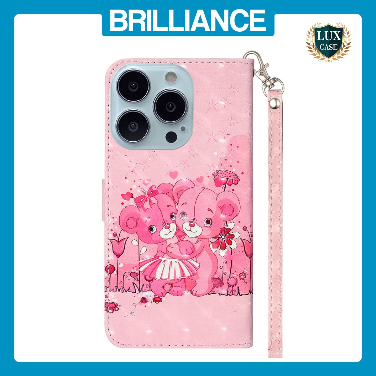 Brilliance LUX iPhone 13 Pro Max Flip PU Leather Wallet 3D Print Pink Bear with Wrist Strap Case