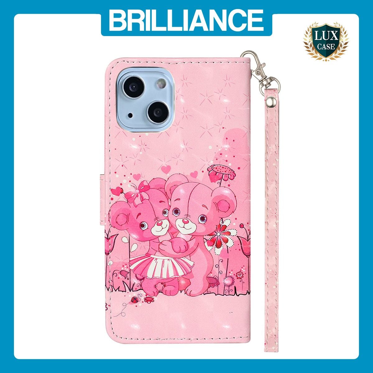Brilliance LUX iPhone 14 Flip PU Leather Wallet 3D Print Pink Bear with Wrist Strap Case