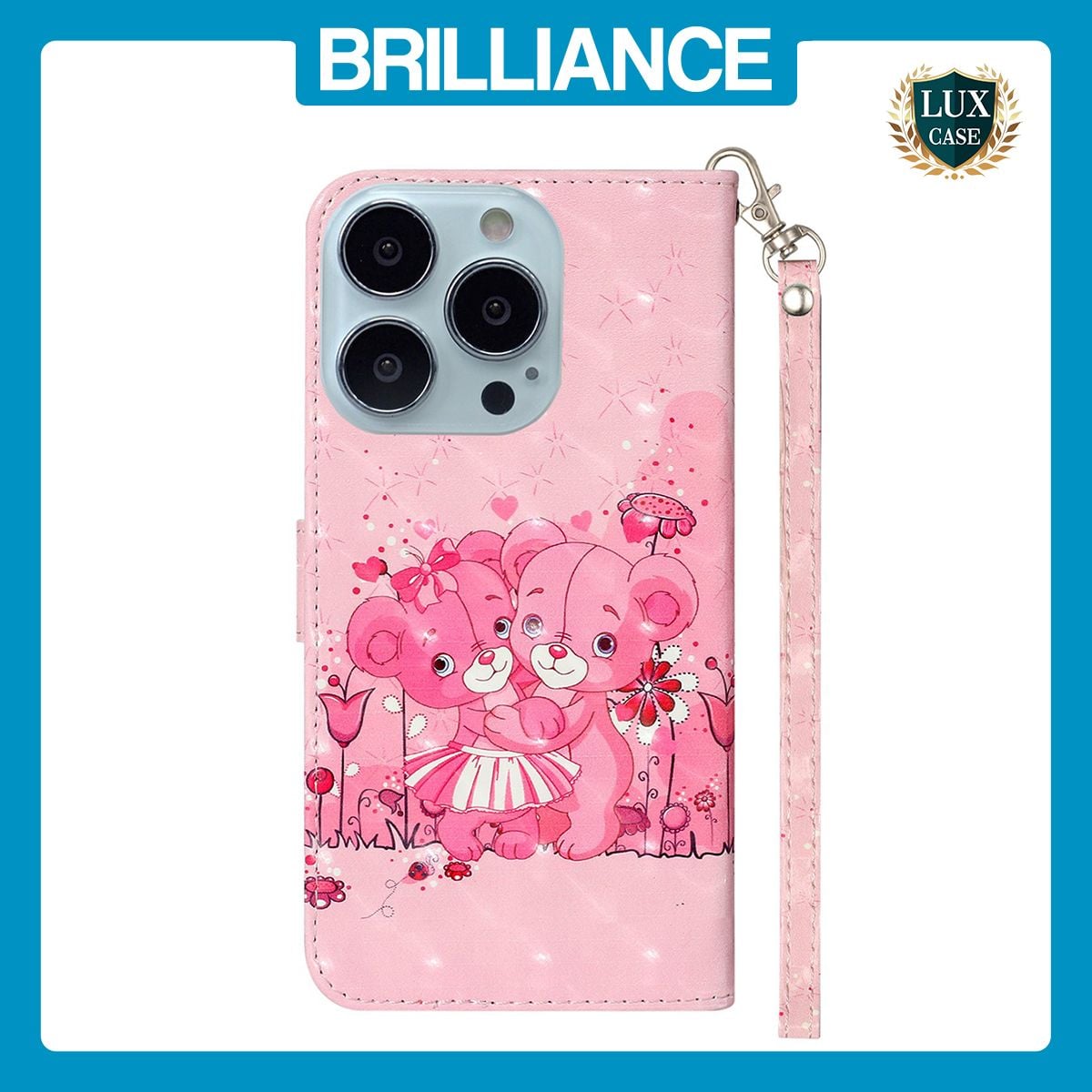 Brilliance LUX iPhone 14 Pro Max Flip PU Leather Wallet 3D Print Pink Bear with Wrist Strap Case