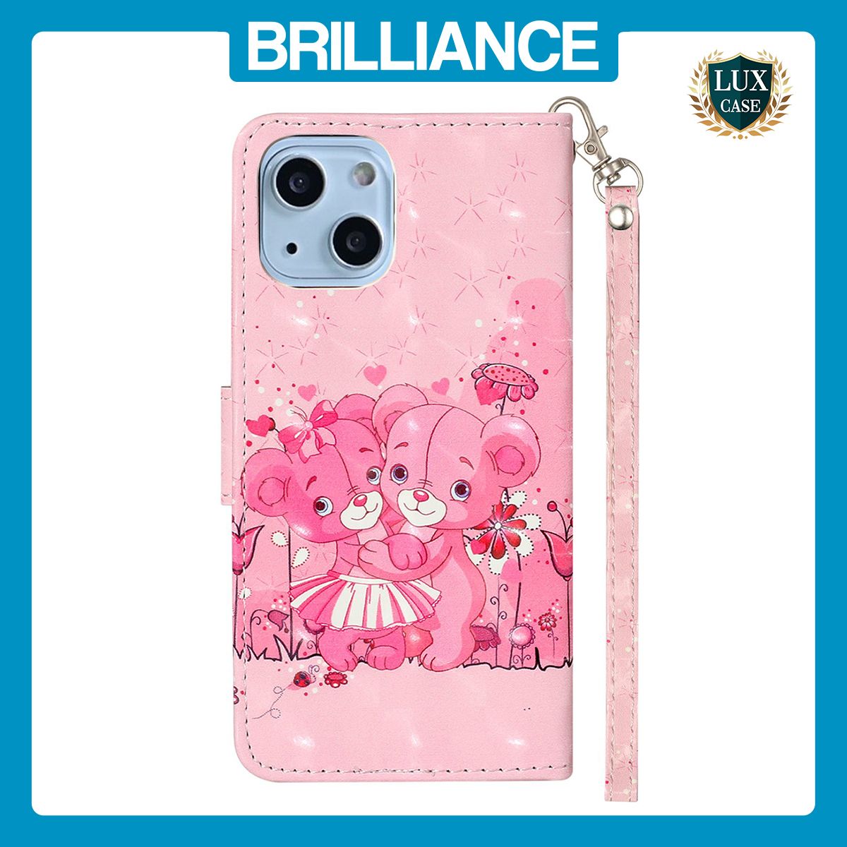 Brilliance LUX iPhone 15 Flip PU Leather Wallet 3D Print Pink Bear with Wrist Strap Case