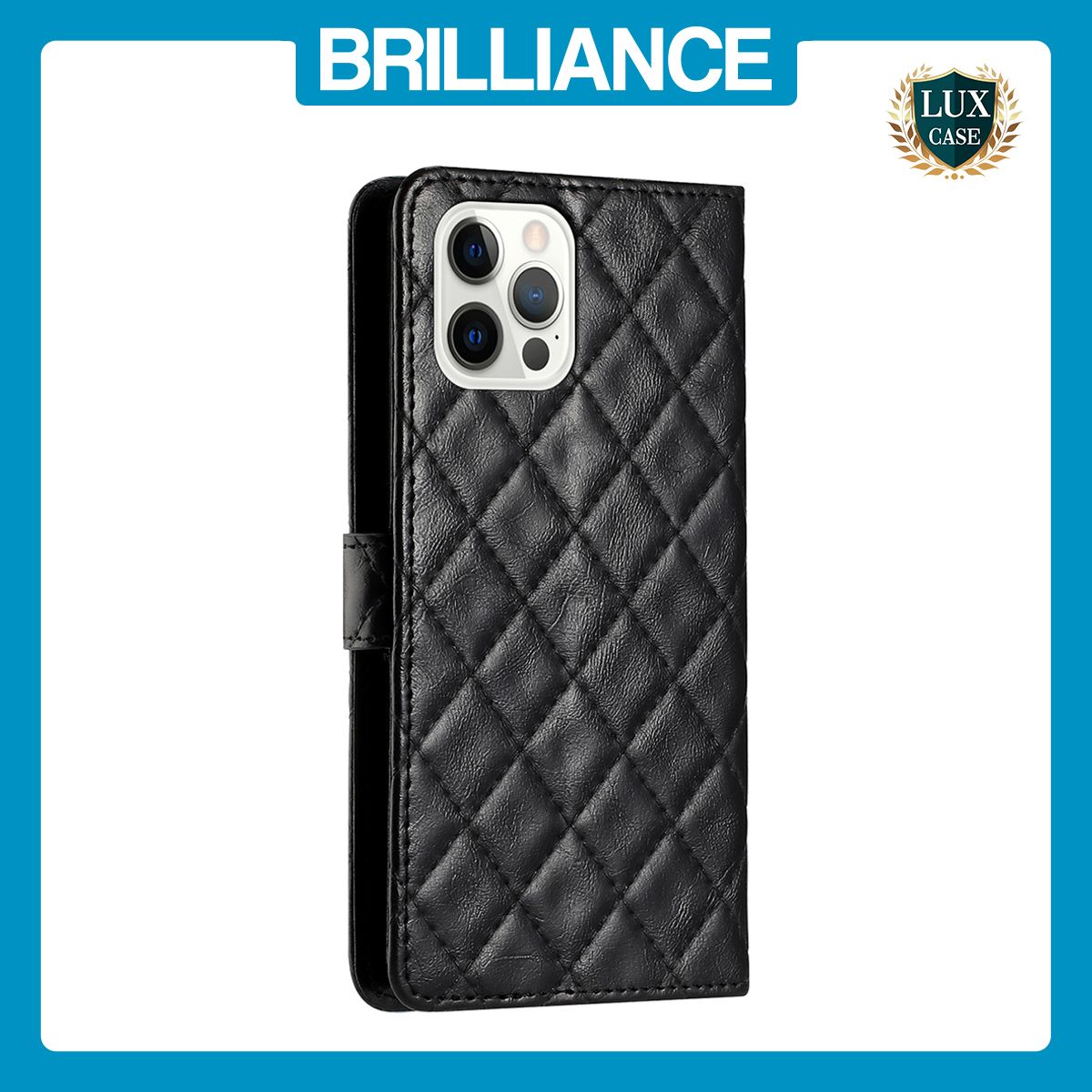 Brilliance LUX iPhone 14 Pro Max Flip PU Leather Wallet 3D Print Rhombus Case Black