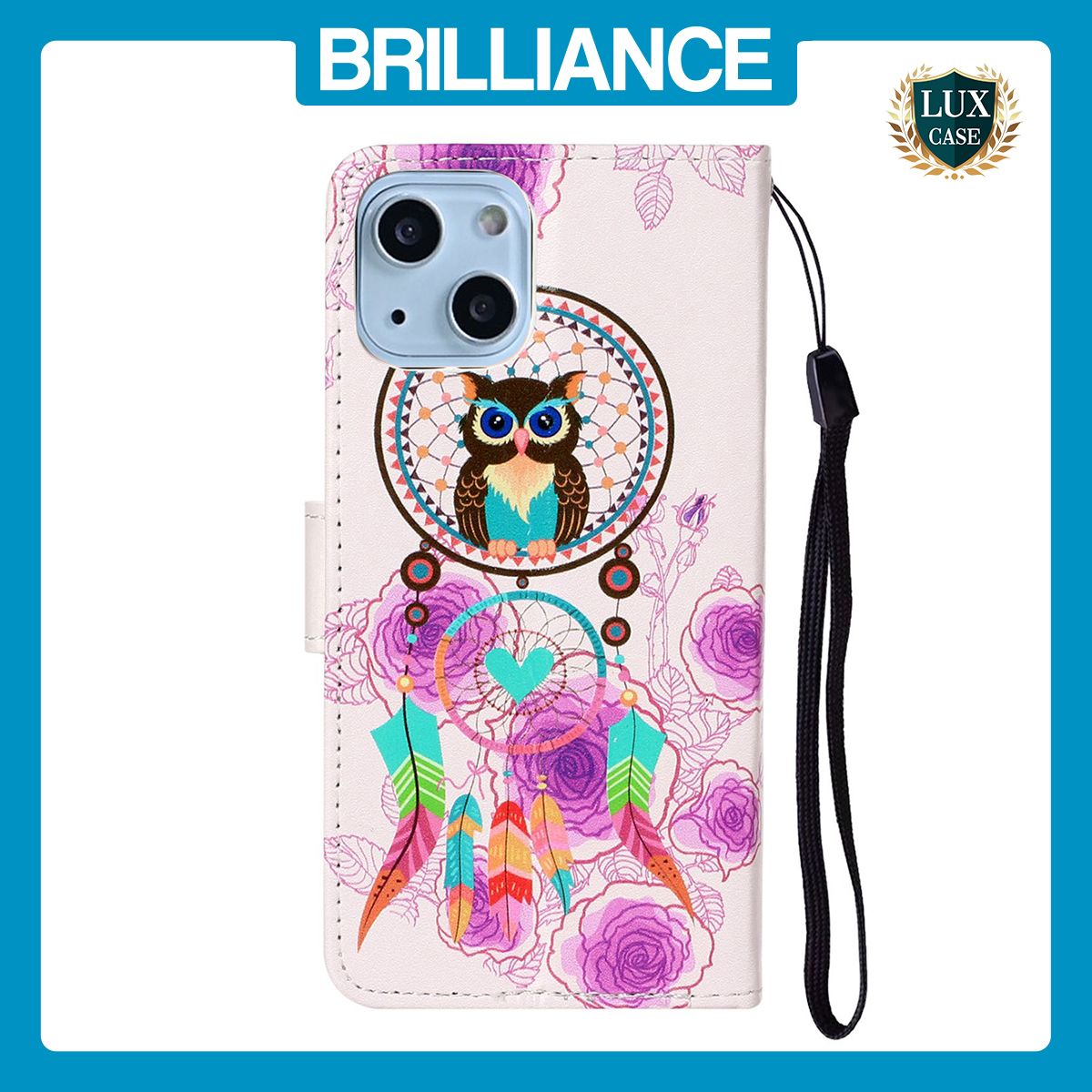 Brilliance LUX iPhone 15 Flip PU Leather Wallet 3D Print Owl design Case