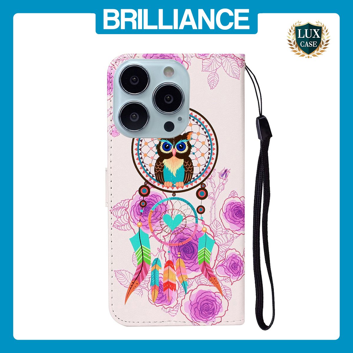 Brilliance LUX iPhone 15 Pro Flip PU Leather Wallet 3D Print Owl design Case