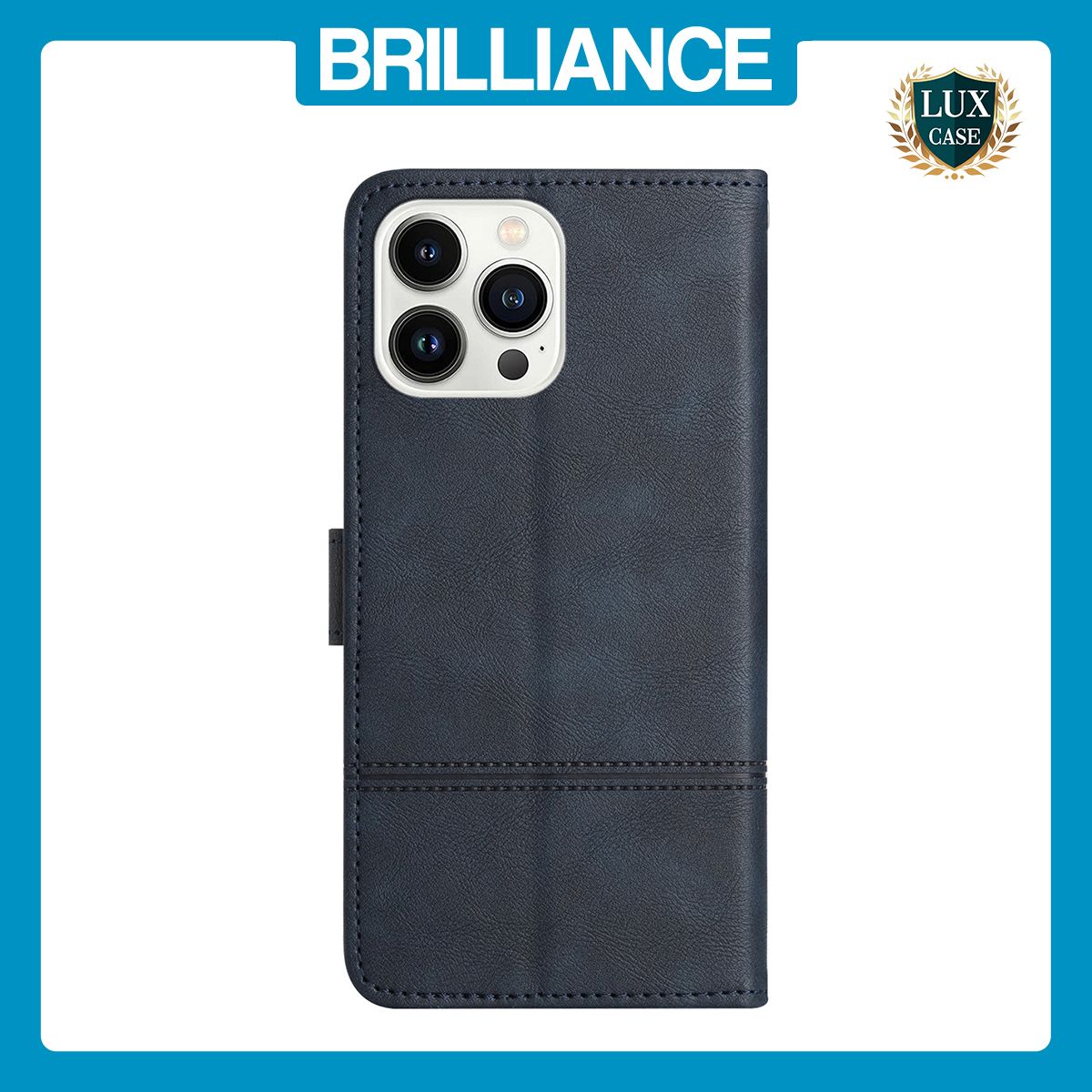 Brilliance LUX iPhone 13 Pro Max Flip Book PU Leather Wallet ShockProof Cowhide Texture with Wrist Strap Case Blue