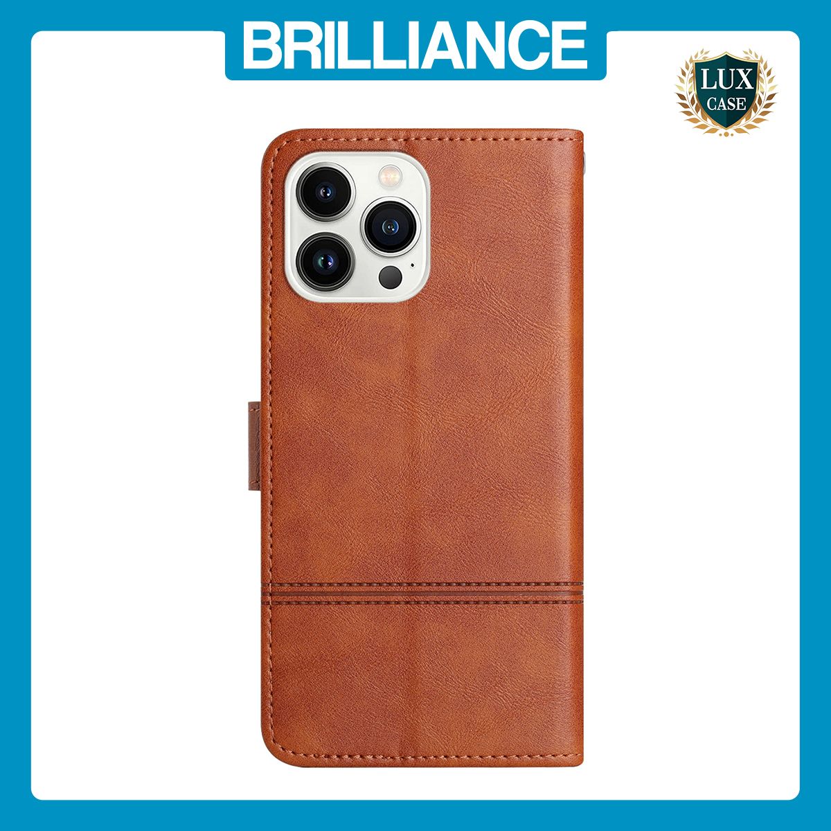 Brilliance LUX iPhone 13 Pro Max Flip Book PU Leather Wallet ShockProof Cowhide Texture with Wrist Strap Case Brown