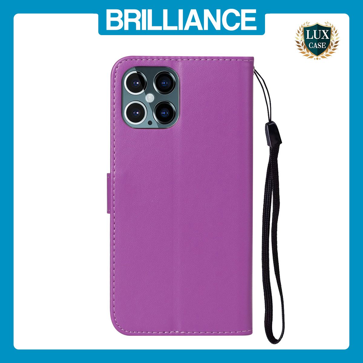 Brilliance LUX iPhone 12 Pro Max Flip PU Leather Wallet Classic Card Pockets with Wrist Strap Case Purple