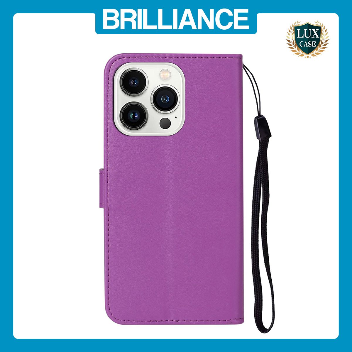 Brilliance LUX iPhone 15 Pro Max Flip PU Leather Wallet Classic Card Pockets with Wrist Strap Case Purple