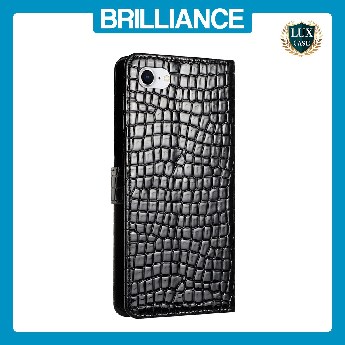 Brilliance LUX iPhone 6/7/8 Flip PU Leather Wallet Crocodile Print Card Pockets with Wrist Strap Case Black