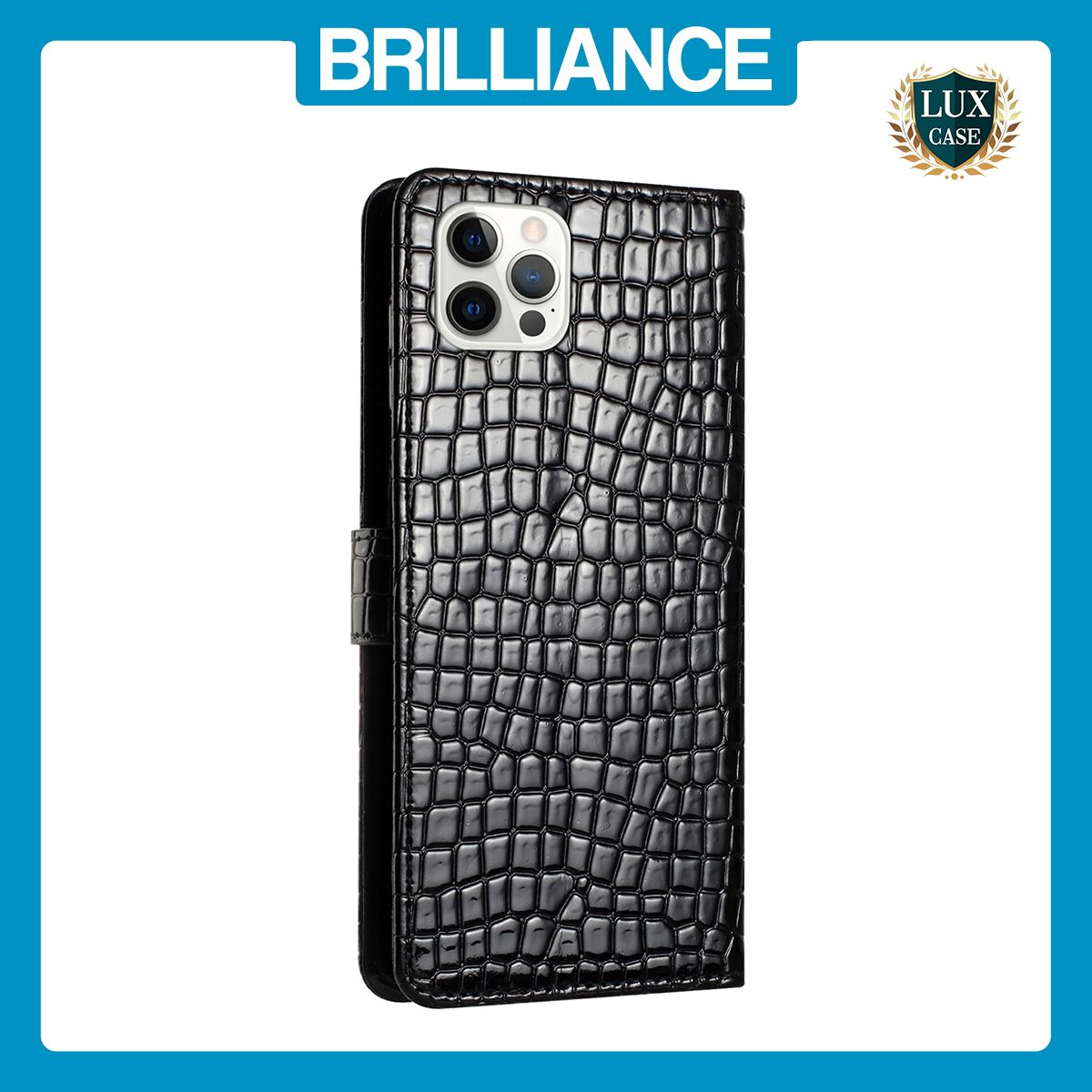 Brilliance LUX iPhone 14 Pro Max Flip PU Leather Wallet Crocodile Print Card Pockets with Wrist Strap Case Black