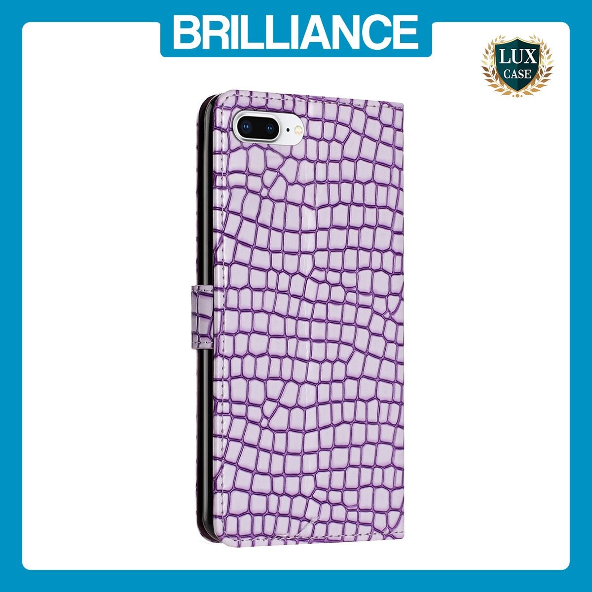 Brilliance LUX iPhone 6P/7P/8P Flip PU Leather Wallet Crocodile Print Card Pockets with Wrist Strap Case Purple