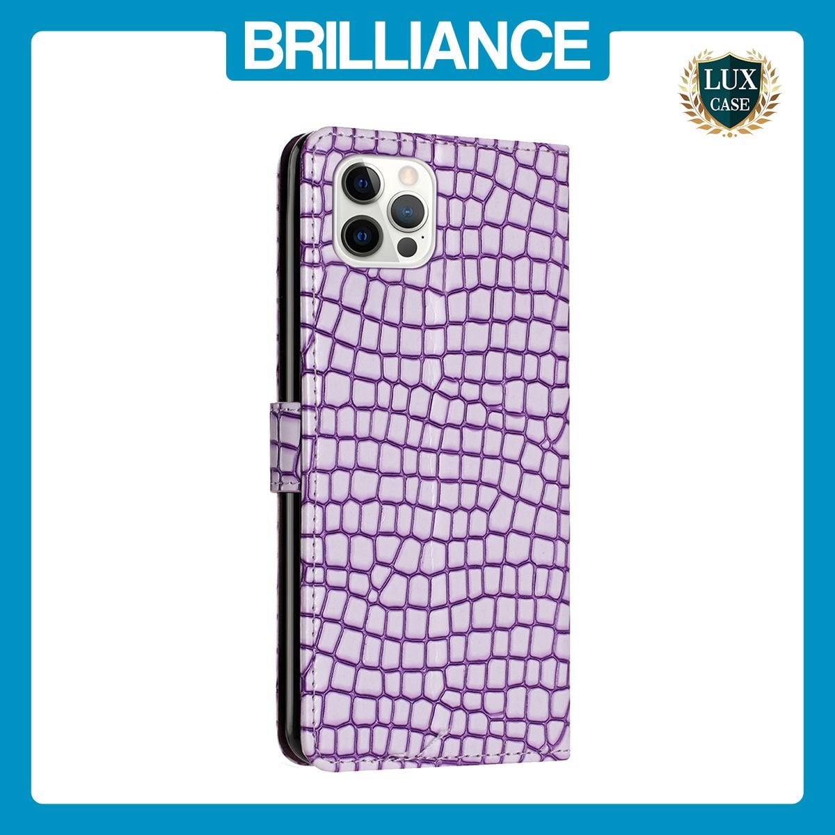 Brilliance LUX iPhone 12 Pro Max Flip PU Leather Wallet Crocodile Print Card Pockets with Wrist Strap Case Purple