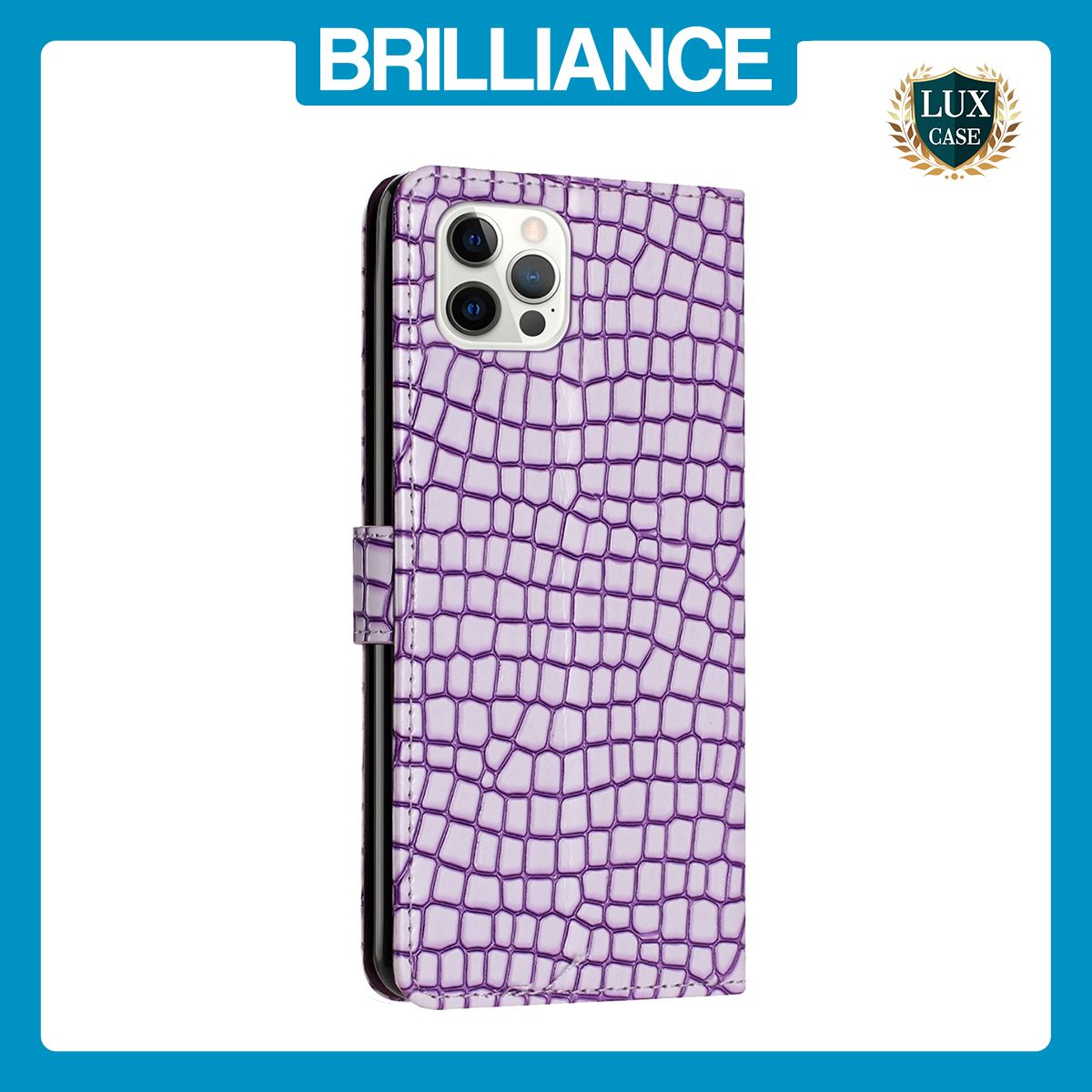 Brilliance LUX iPhone 14 Pro Max Flip PU Leather Wallet Crocodile Print Card Pockets with Wrist Strap Case Purple