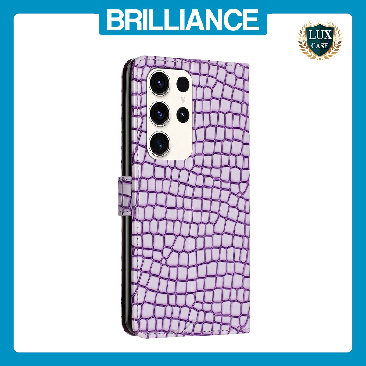 Brilliance LUX Samsung S24 Ultra Flip PU Leather Wallet Crocodile Print Card Pockets with Wrist Strap Case Purple