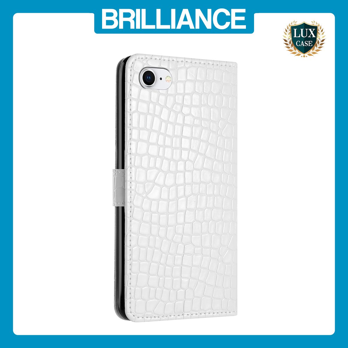 Brilliance LUX iPhone 6/7/8 Flip PU Leather Wallet Crocodile Print Card Pockets with Wrist Strap Case White