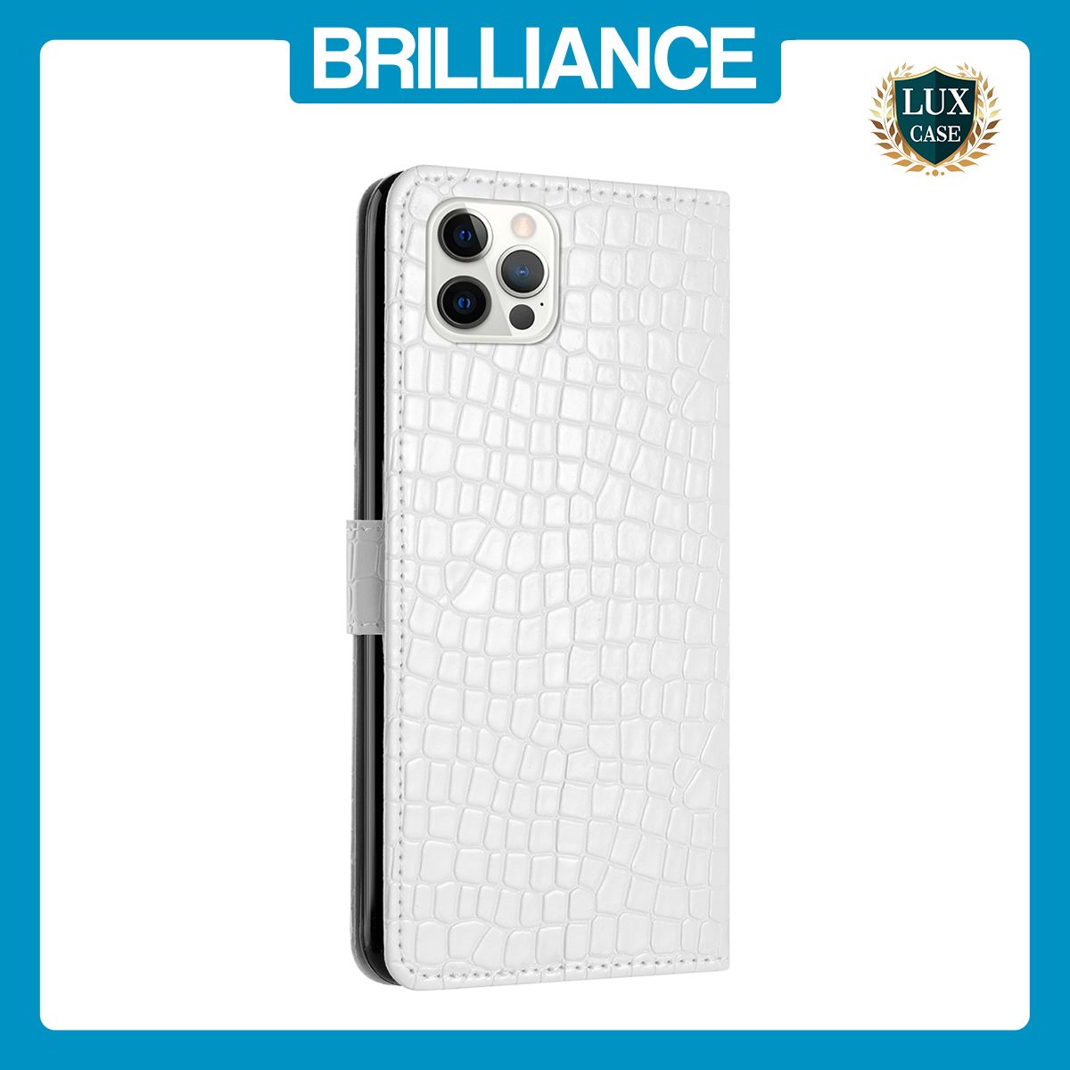 Brilliance LUX iPhone 12 Pro Max Flip PU Leather Wallet Crocodile Print Card Pockets with Wrist Strap Case White