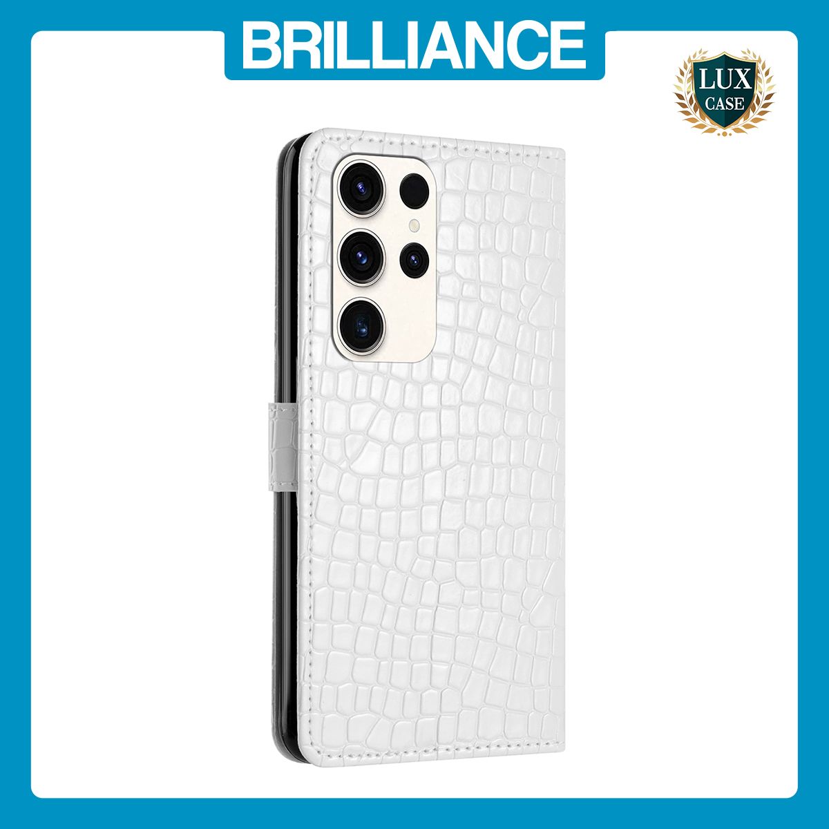 Brilliance LUX Samsung S23 Ultra Flip PU Leather Wallet Crocodile Print Card Pockets with Wrist Strap Case White