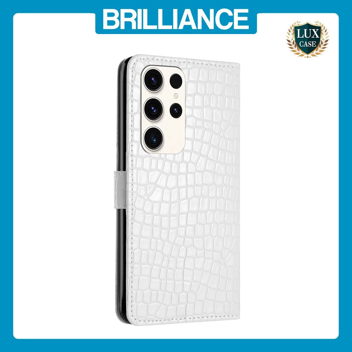 Brilliance LUX Samsung S24 Ultra Flip PU Leather Wallet Crocodile Print Card Pockets with Wrist Strap Case White