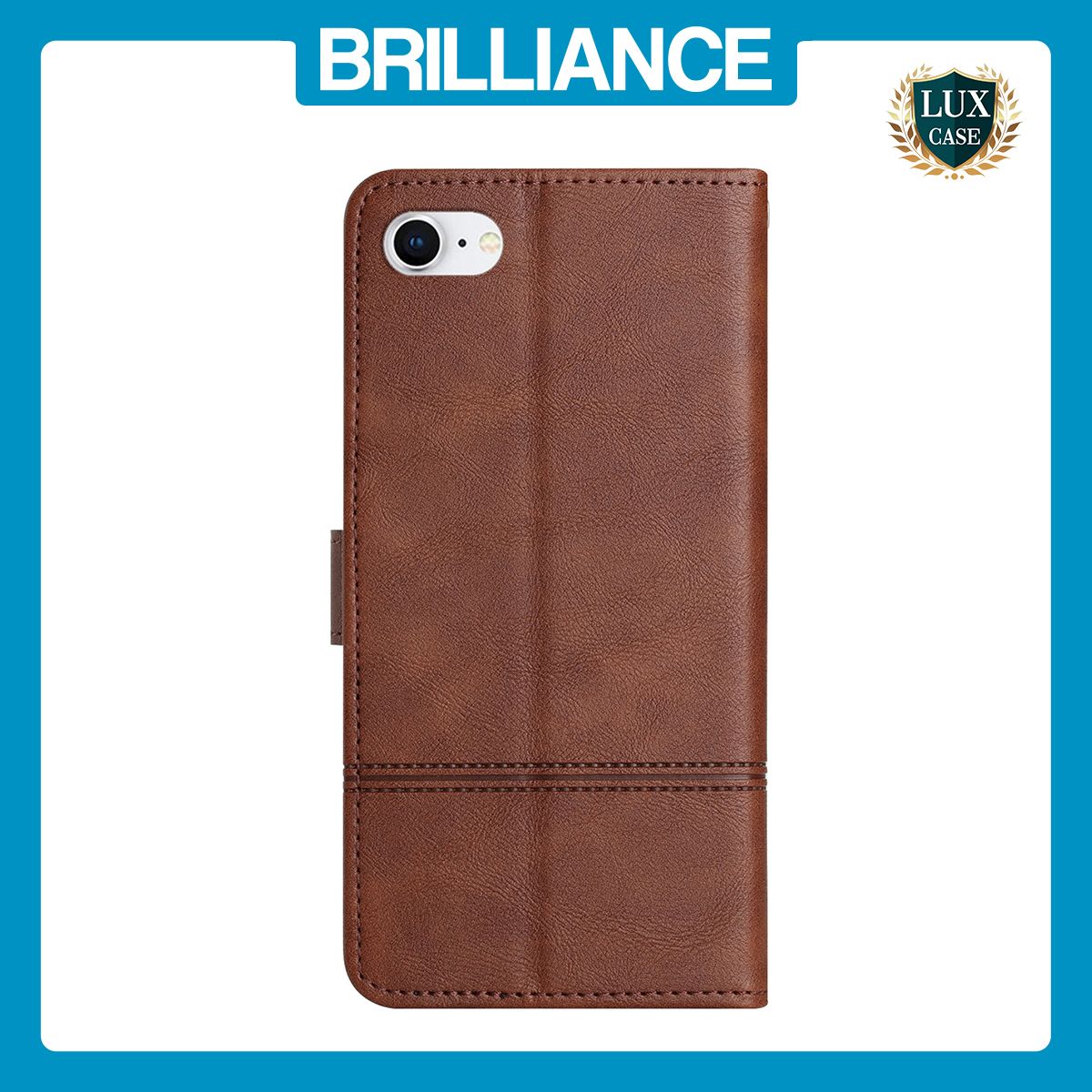 Brilliance LUX iPhone 6/7/8 Flip PU Leather Wallet ShockProof Imprinted Cowhide Texture with Wrist Strap Case Dark Brown