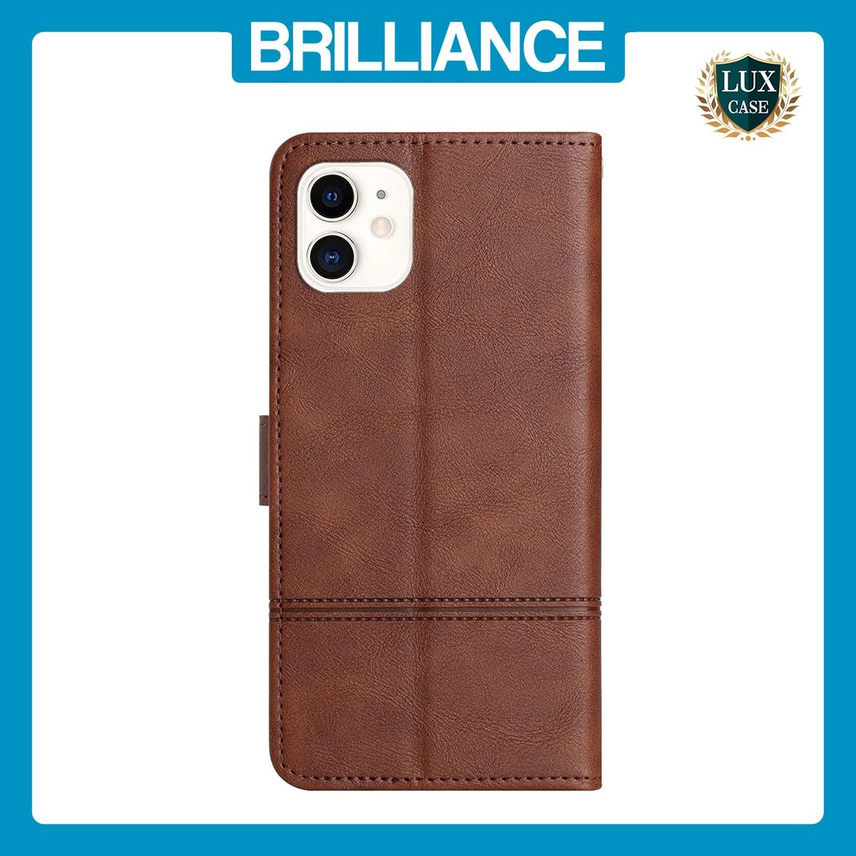 Brilliance LUX iPhone 11 Flip PU Leather Wallet ShockProof Imprinted Cowhide Texture with Wrist Strap Case Dark Brown