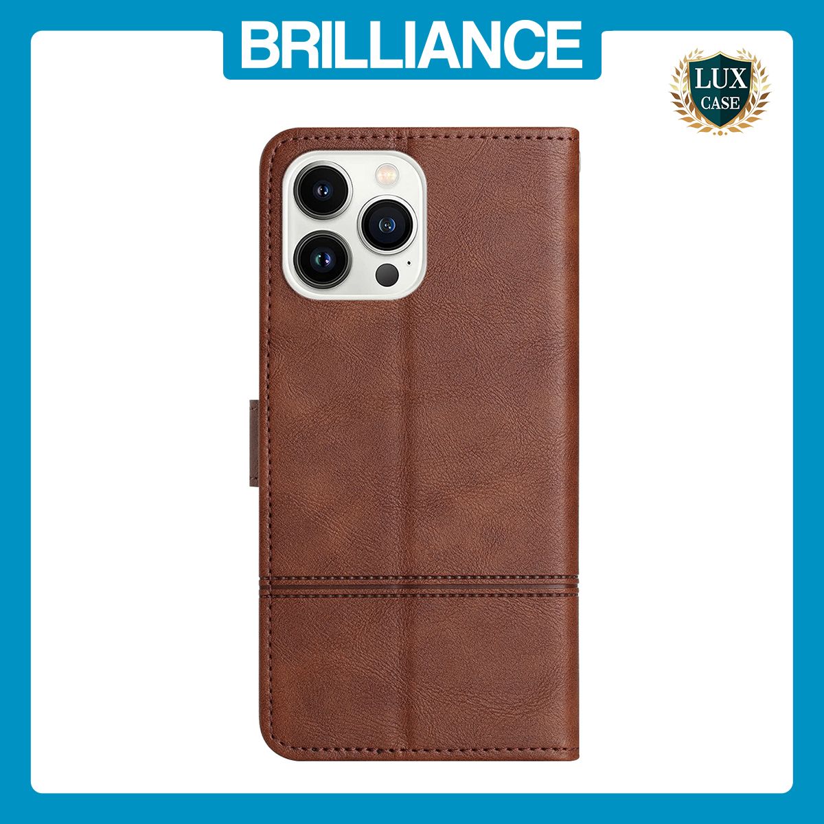 Brilliance LUX iPhone 13 Pro Flip PU Leather Wallet ShockProof Imprinted Cowhide Texture with Wrist Strap Case Dark Brown