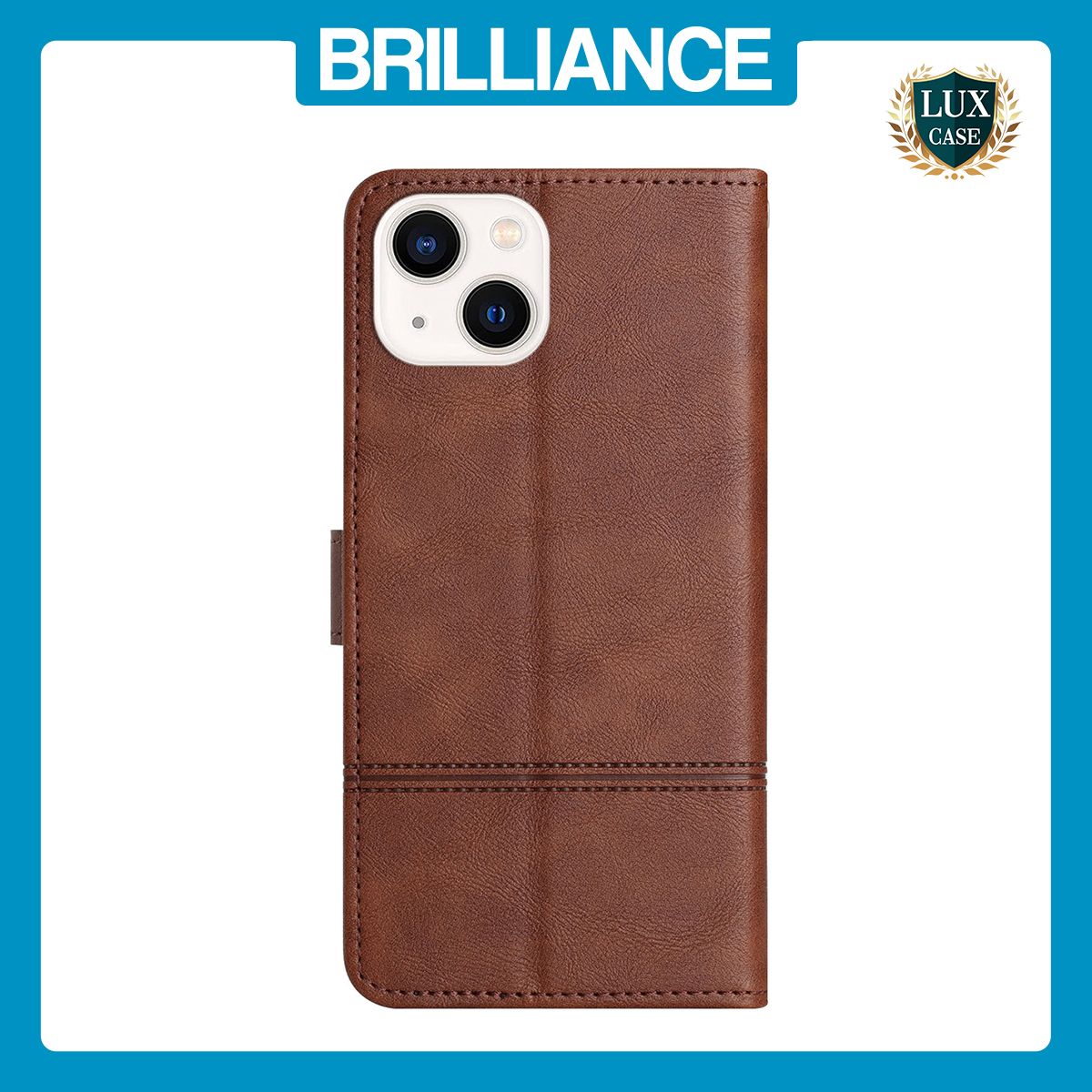 Brilliance LUX iPhone 14 Plus Flip PU Leather Wallet ShockProof Imprinted Cowhide Texture with Wrist Strap Case Dark Brown