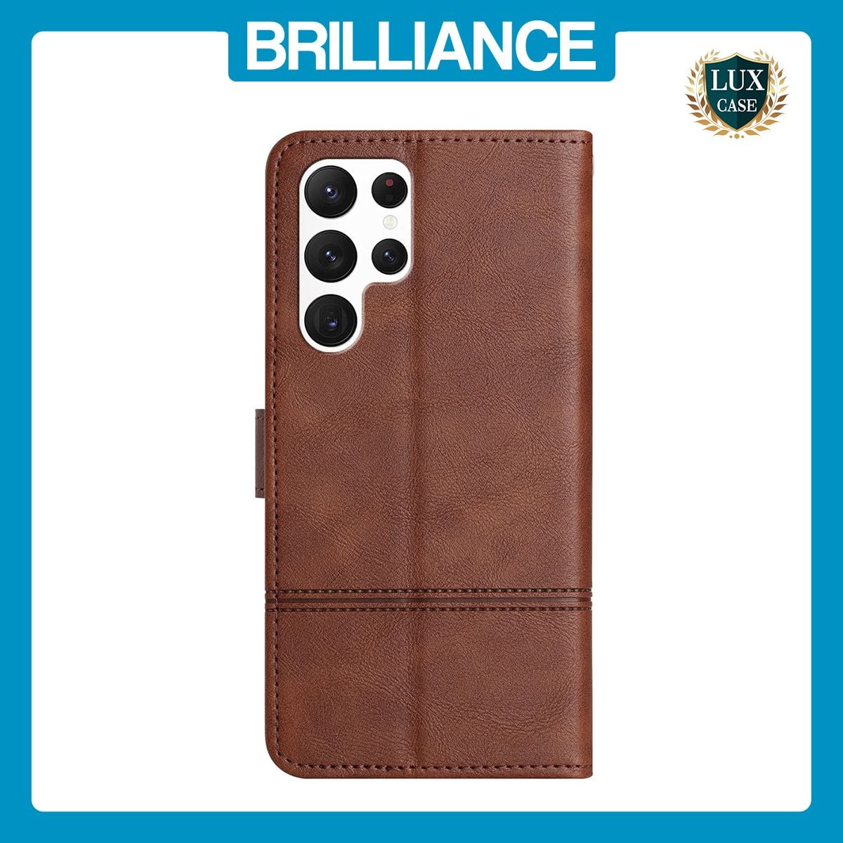 Brilliance LUX Samsung S24 Ultra Flip PU Leather Wallet ShockProof Imprinted Cowhide Texture with Wrist Strap Case Dark Brown