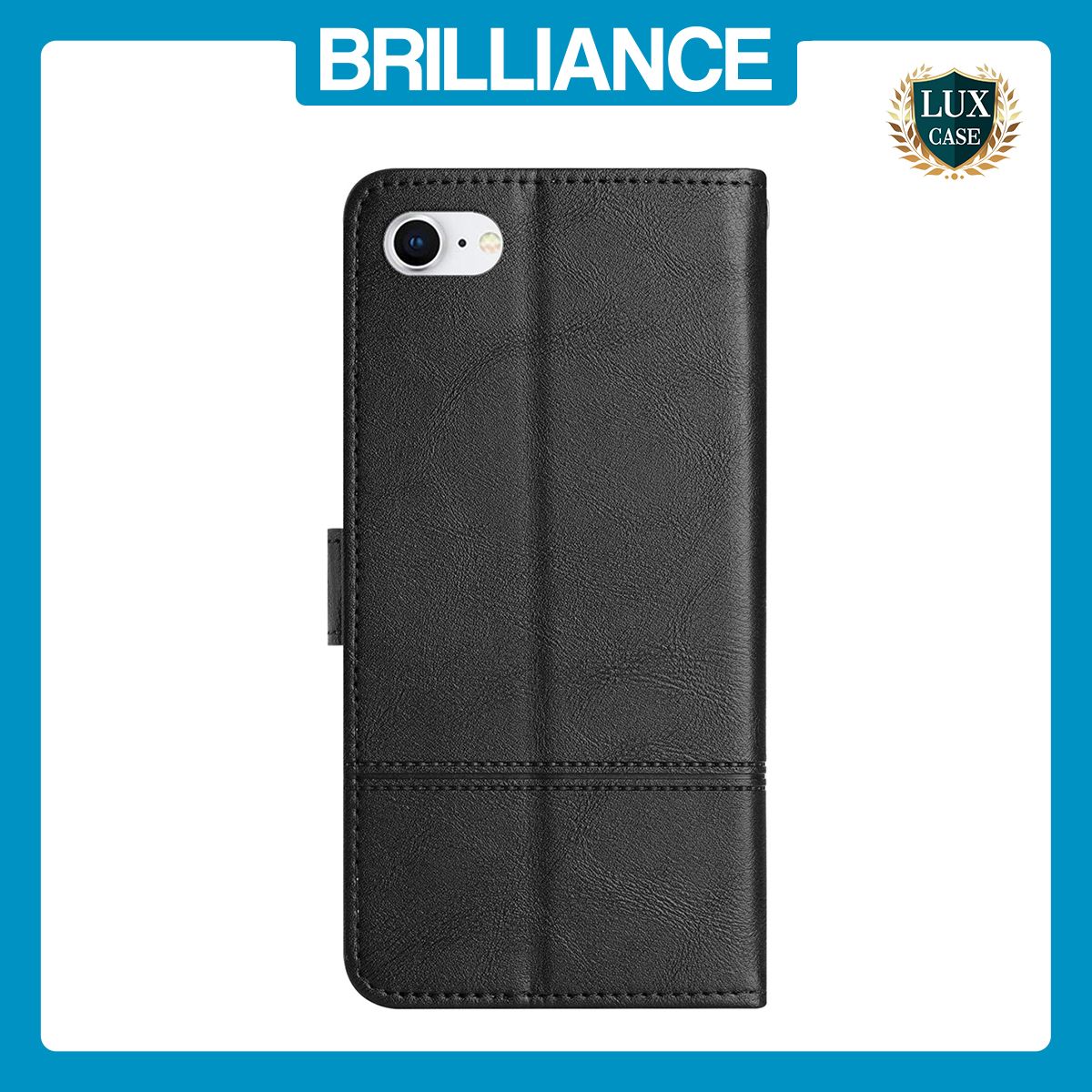 Brilliance LUX iPhone 6/7/8 Flip PU Leather Wallet ShockProof Imprinted Cowhide Texture with Wrist Strap Case Black