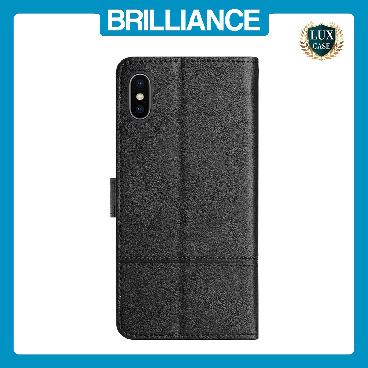 Brilliance LUX iPhone XS Flip PU Leather Wallet ShockProof Imprinted Cowhide Texture with Wrist Strap Case Black