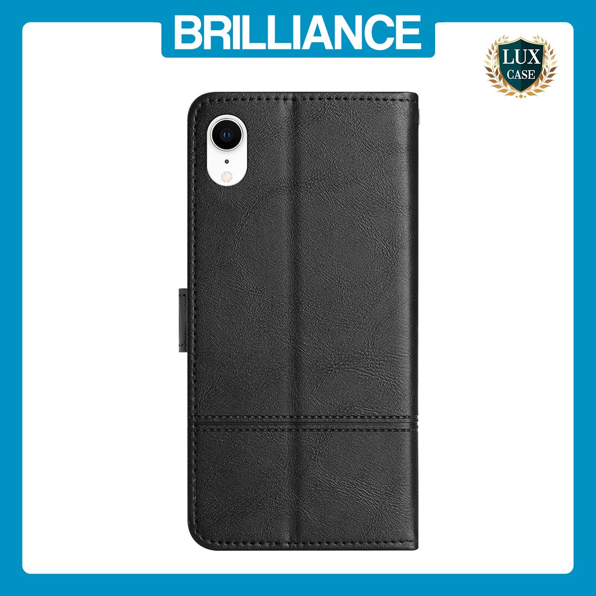 Brilliance LUX iPhone XR Flip PU Leather Wallet ShockProof Imprinted Cowhide Texture with Wrist Strap Case Black