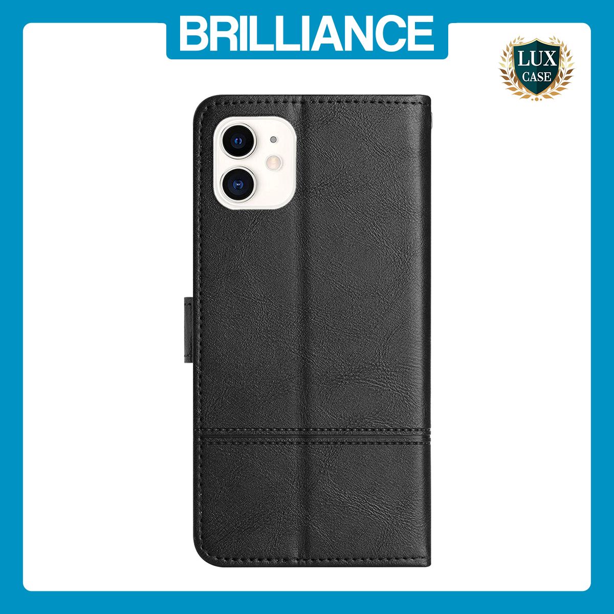 Brilliance LUX iPhone 11 Flip PU Leather Wallet ShockProof Imprinted Cowhide Texture with Wrist Strap Case Black