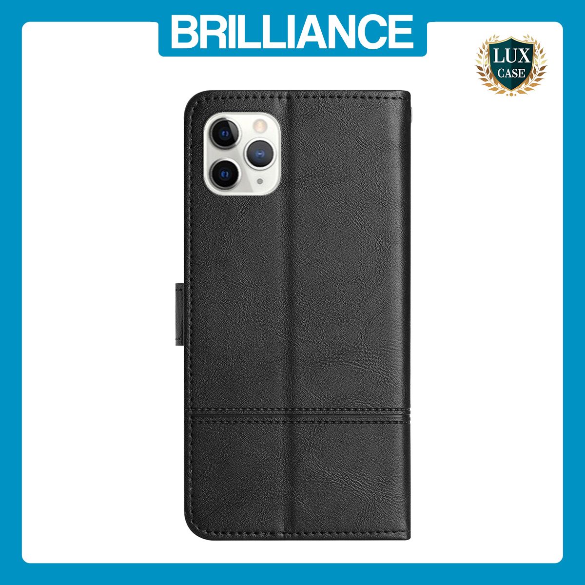 Brilliance LUX iPhone 11 Pro Max Flip PU Leather Wallet ShockProof Imprinted Cowhide Texture with Wrist Strap Case Black
