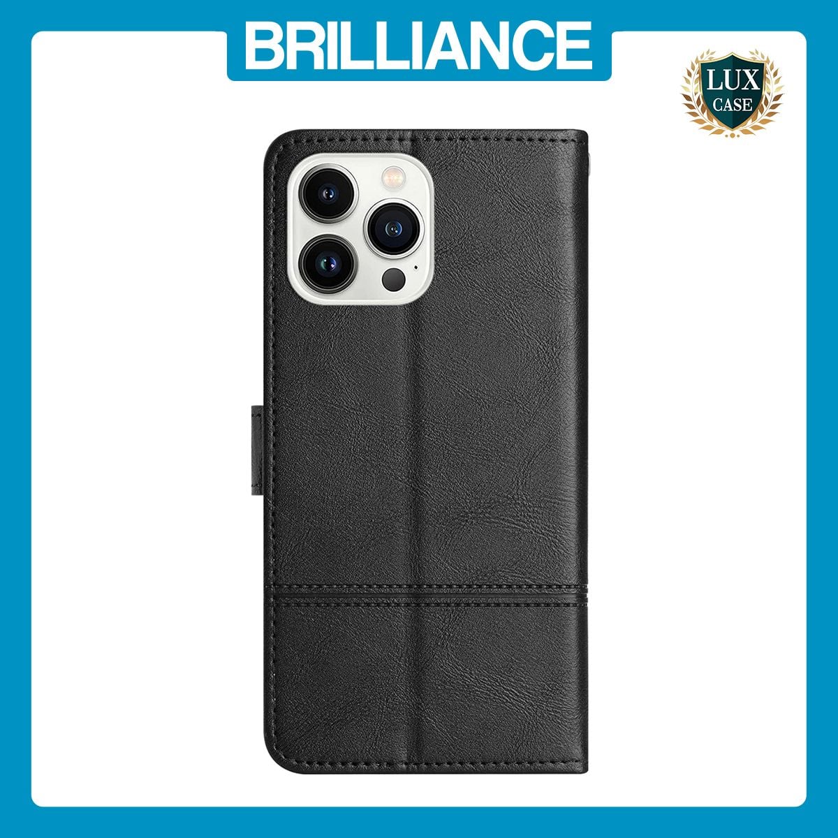 Brilliance LUX iPhone 12 Pro Max Flip PU Leather Wallet ShockProof Imprinted Cowhide Texture with Wrist Strap Case Black