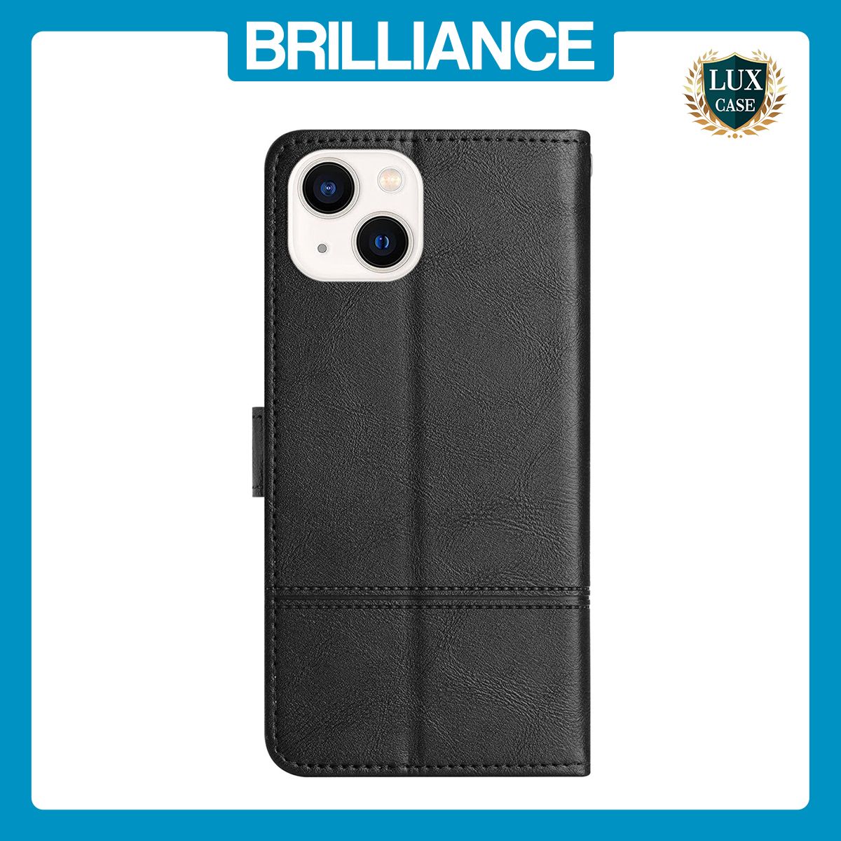 Brilliance LUX iPhone 13 Flip PU Leather Wallet ShockProof Imprinted Cowhide Texture with Wrist Strap Case Black