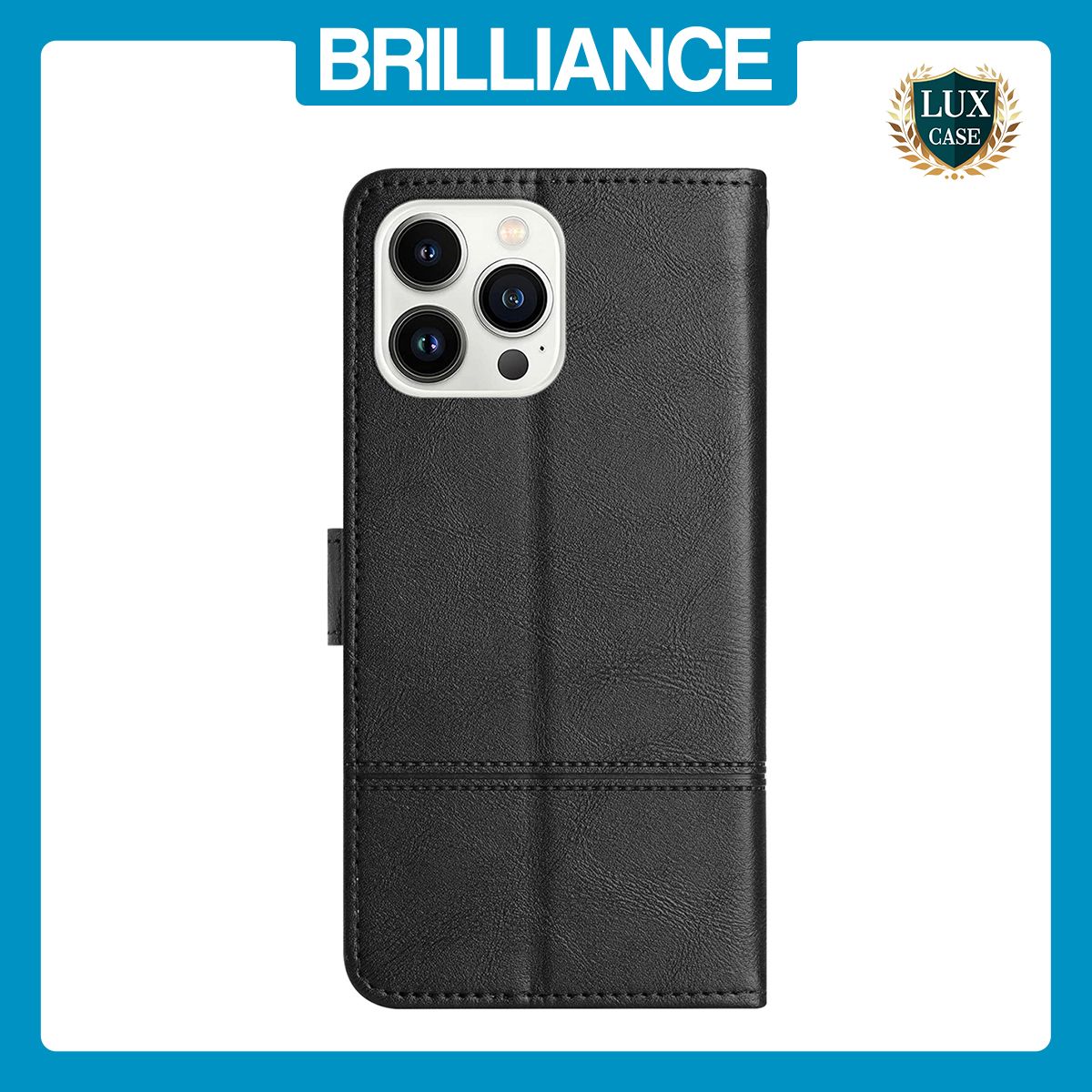 Brilliance LUX iPhone 15 Pro Flip PU Leather Wallet ShockProof Imprinted Cowhide Texture with Wrist Strap Case Black