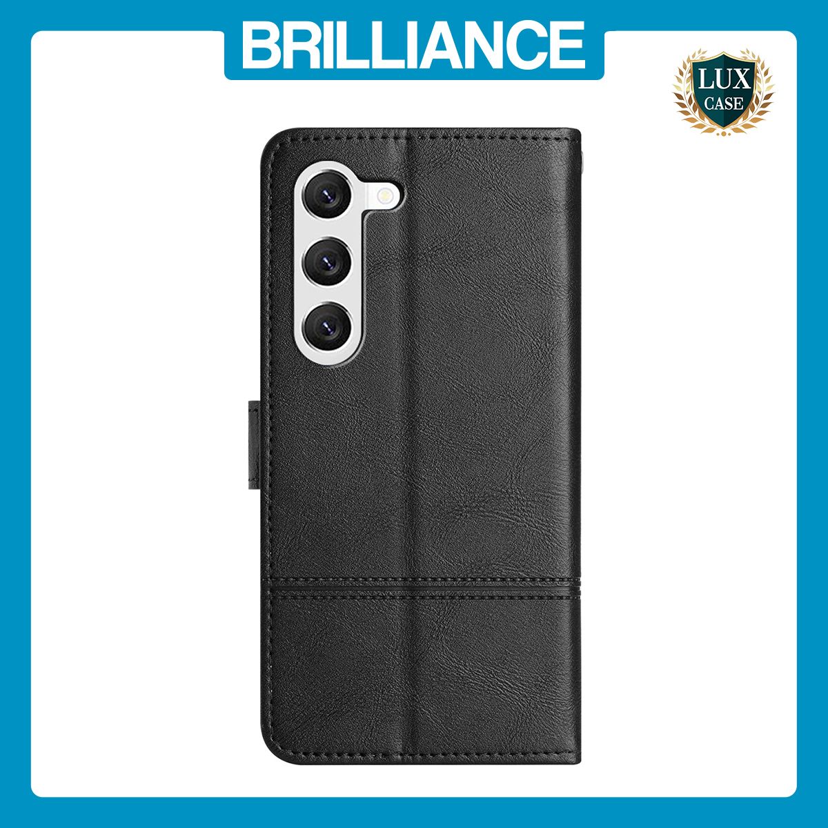 Brilliance LUX Samsung S23 Plus Flip PU Leather Wallet ShockProof Imprinted Cowhide Texture with Wrist Strap Case Black
