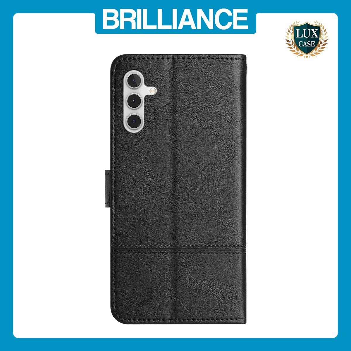 Brilliance LUX Samsung A15 5G Flip PU Leather Wallet ShockProof Imprinted Cowhide Texture with Wrist Strap Case Black