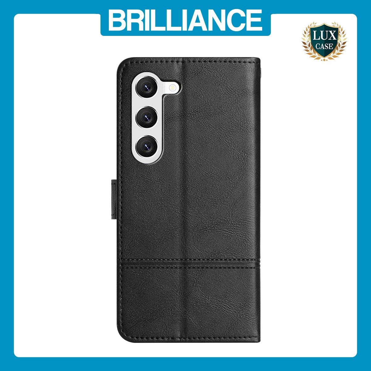 Brilliance LUX Samsung S24 Flip PU Leather Wallet ShockProof Imprinted Cowhide Texture with Wrist Strap Case Black