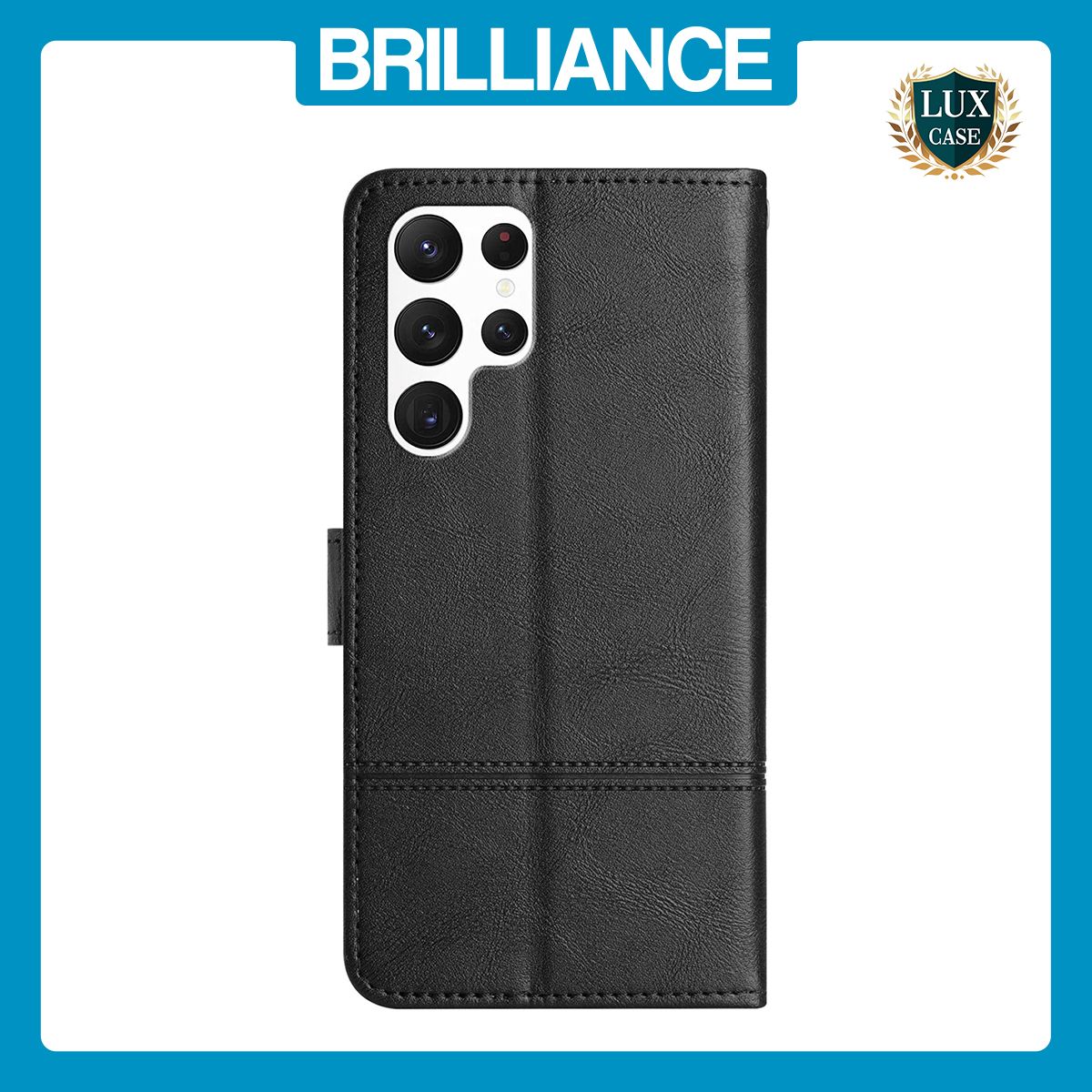Brilliance LUX Samsung S24 Ultra Flip PU Leather Wallet ShockProof Imprinted Cowhide Texture with Wrist Strap Case Black