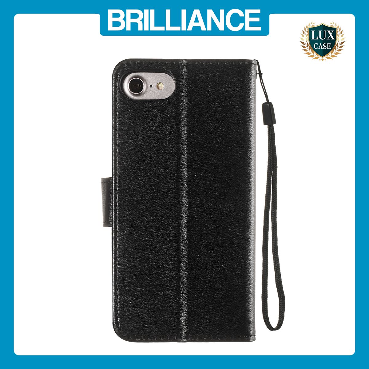 Brilliance LUX iPhone 6/7/8 Flip PU Leather Wallet Classic Card Pockets with Wrist Strap Case Black