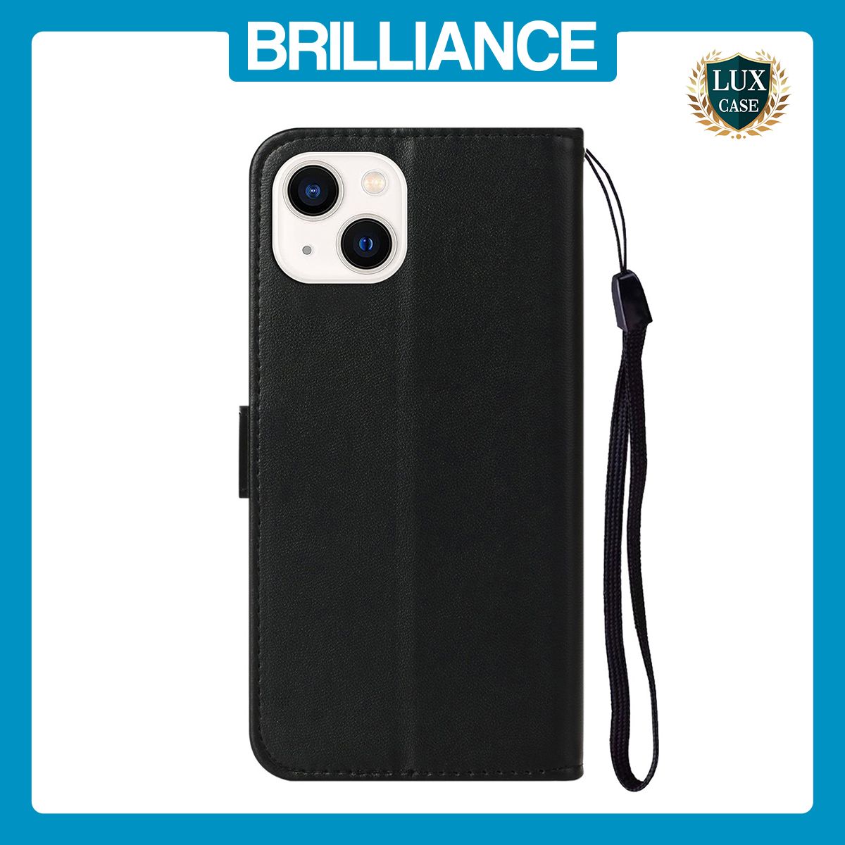 Brilliance LUX iPhone 13 Flip PU Leather Wallet Classic Card Pockets with Wrist Strap Case Black