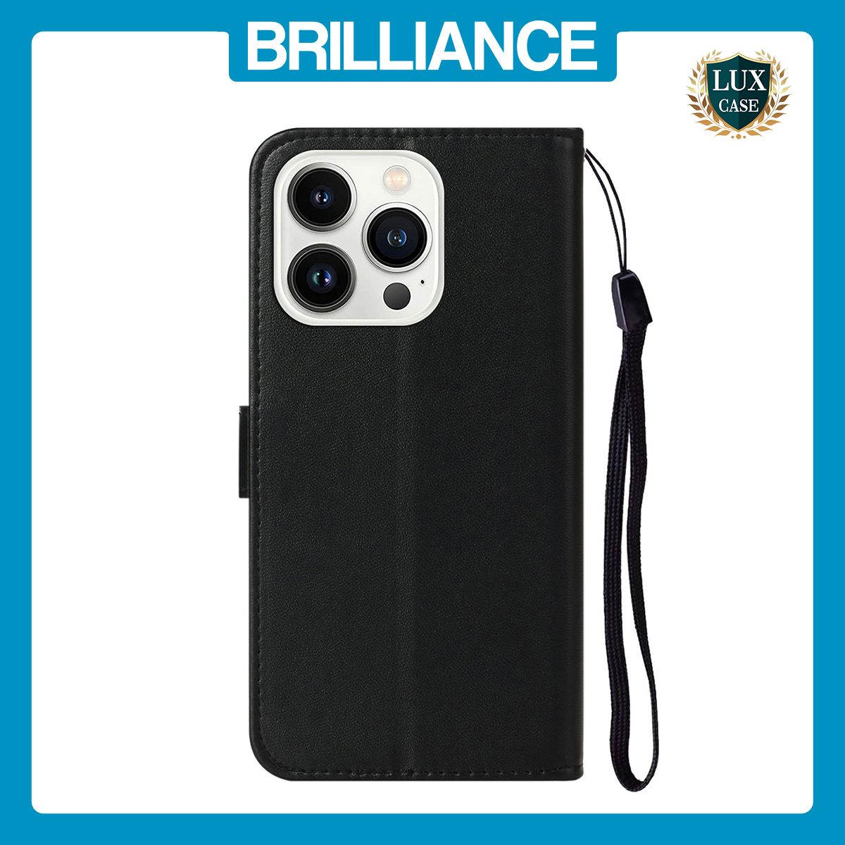 Brilliance LUX iPhone 13 Pro Flip PU Leather Wallet Classic Card Pockets with Wrist Strap Case Black