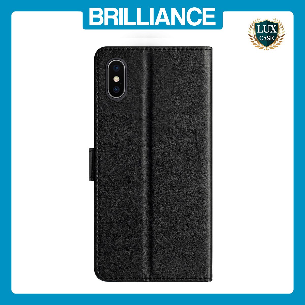 Brilliance LUX iPhone XS Flip PU Leather Wallet Silk Print Card Pockets with Wrist Strap Case Black