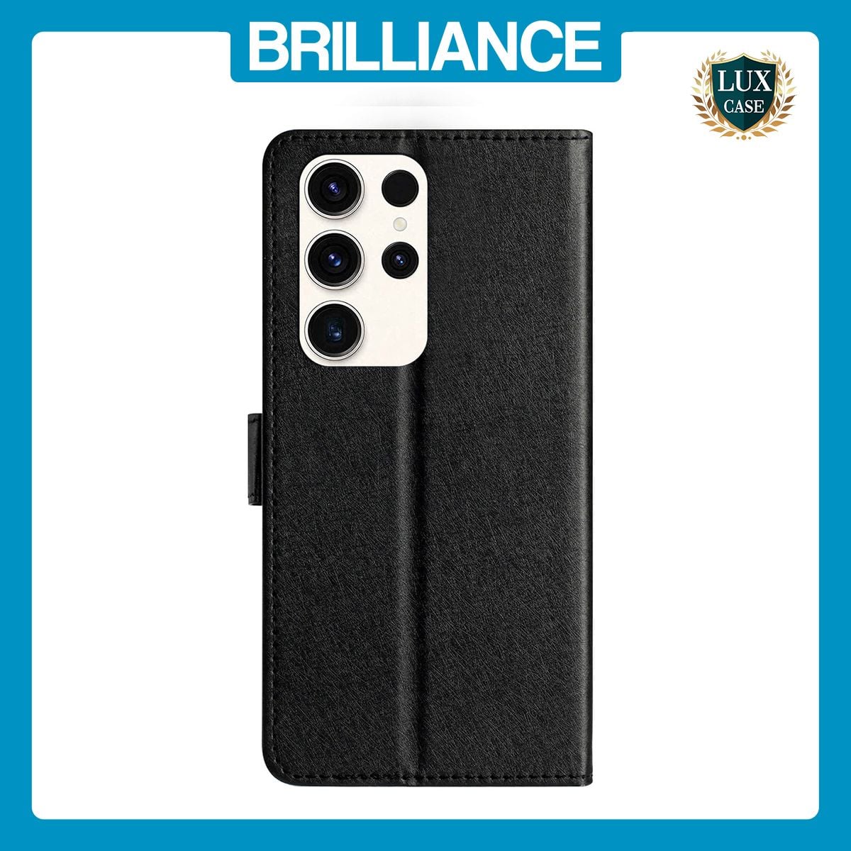 Brilliance LUX Samsung S23 Ultra Flip PU Leather Wallet Silk Print Card Pockets with Wrist Strap Case Black