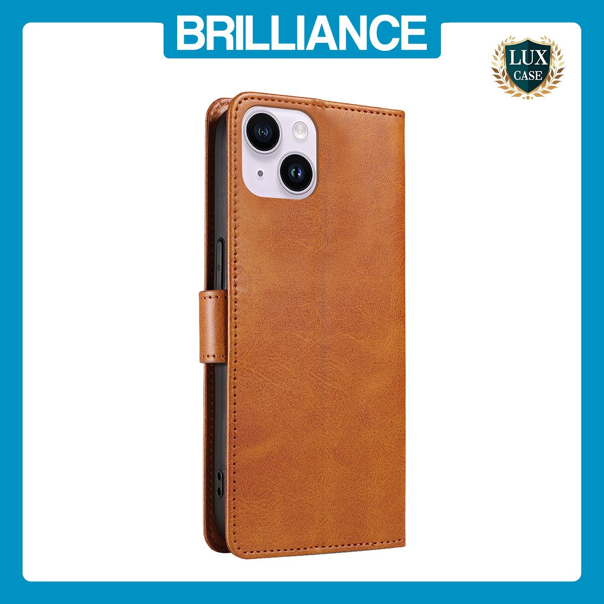Brilliance LUX iPhone 14 Book Flip Soft PU Leather Wallet with Card Pockets Case Light Brown