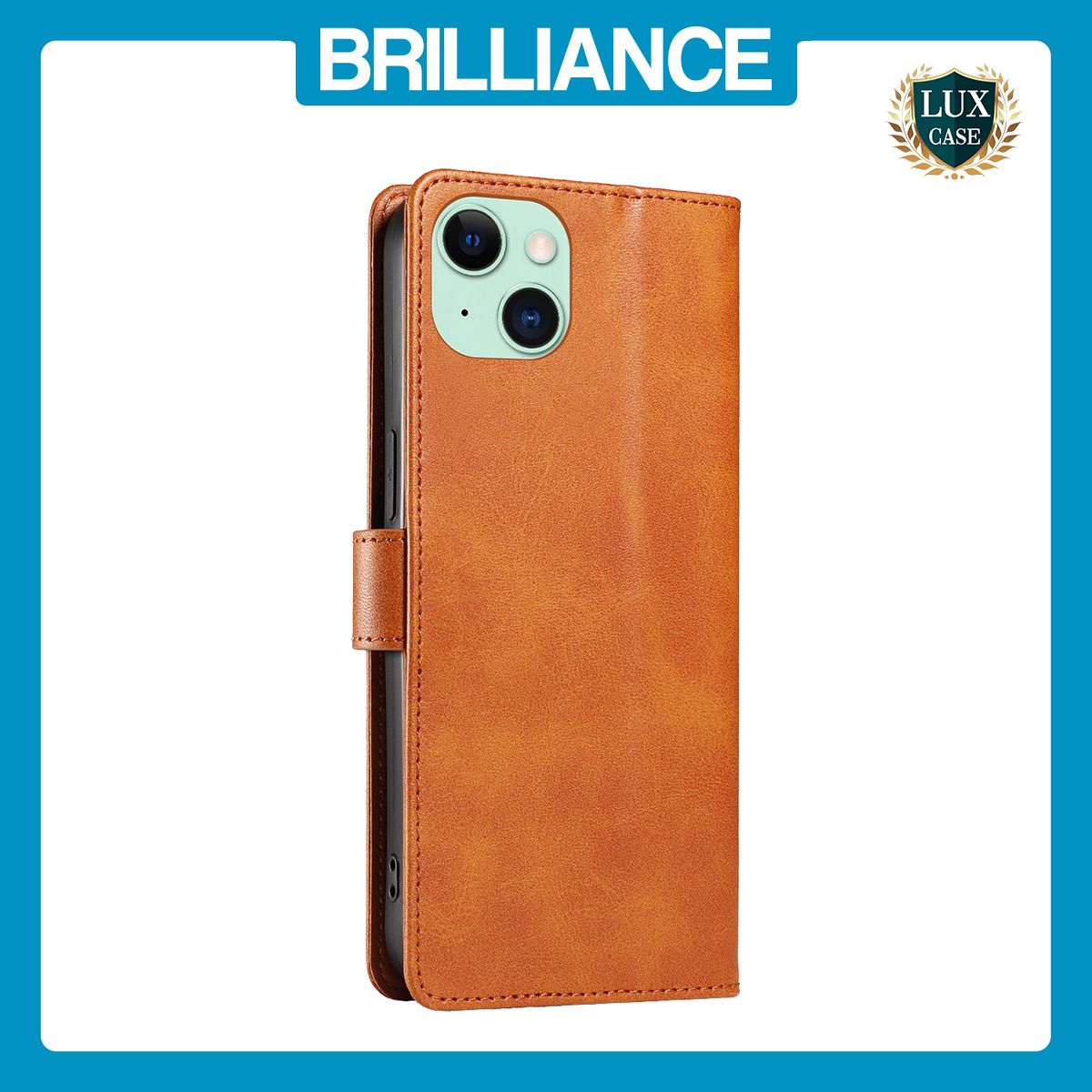 Brilliance LUX iPhone 15 Plus Book Flip Soft PU Leather Wallet with Card Pockets Case Light Brown