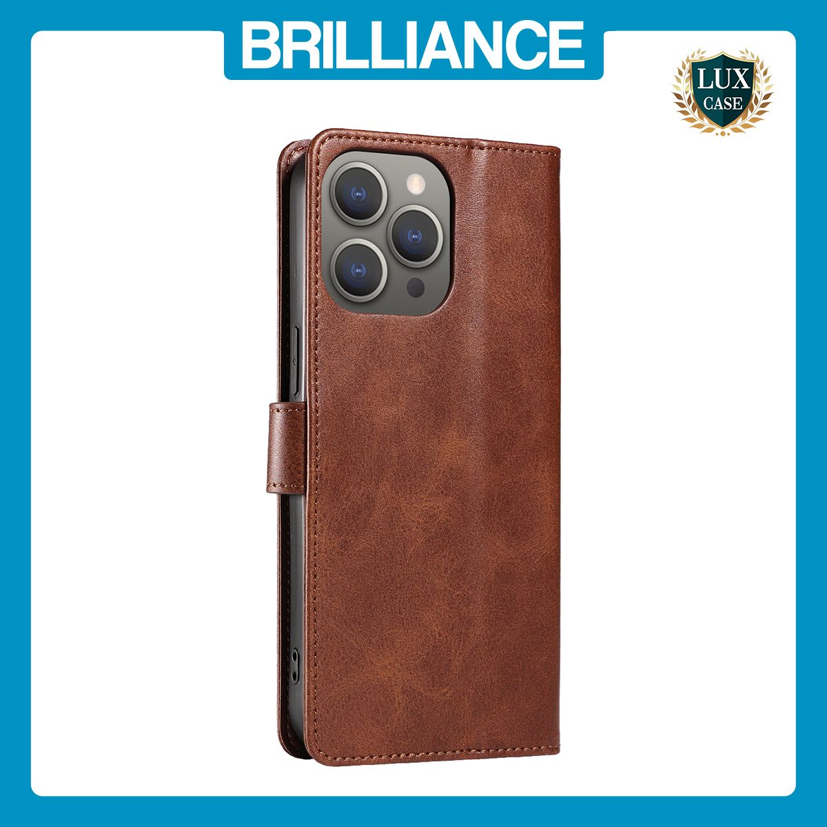 Brilliance LUX iPhone 15 Pro Max Book Flip Soft PU Leather Wallet with Card Pockets Case Brown