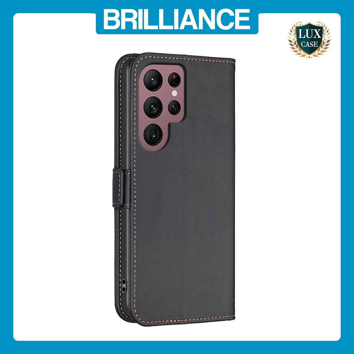 Brilliance LUX Samsung S22 Ultra Flip Book PU Leather Wallet Holder & Stand with Card Pockets Case Black