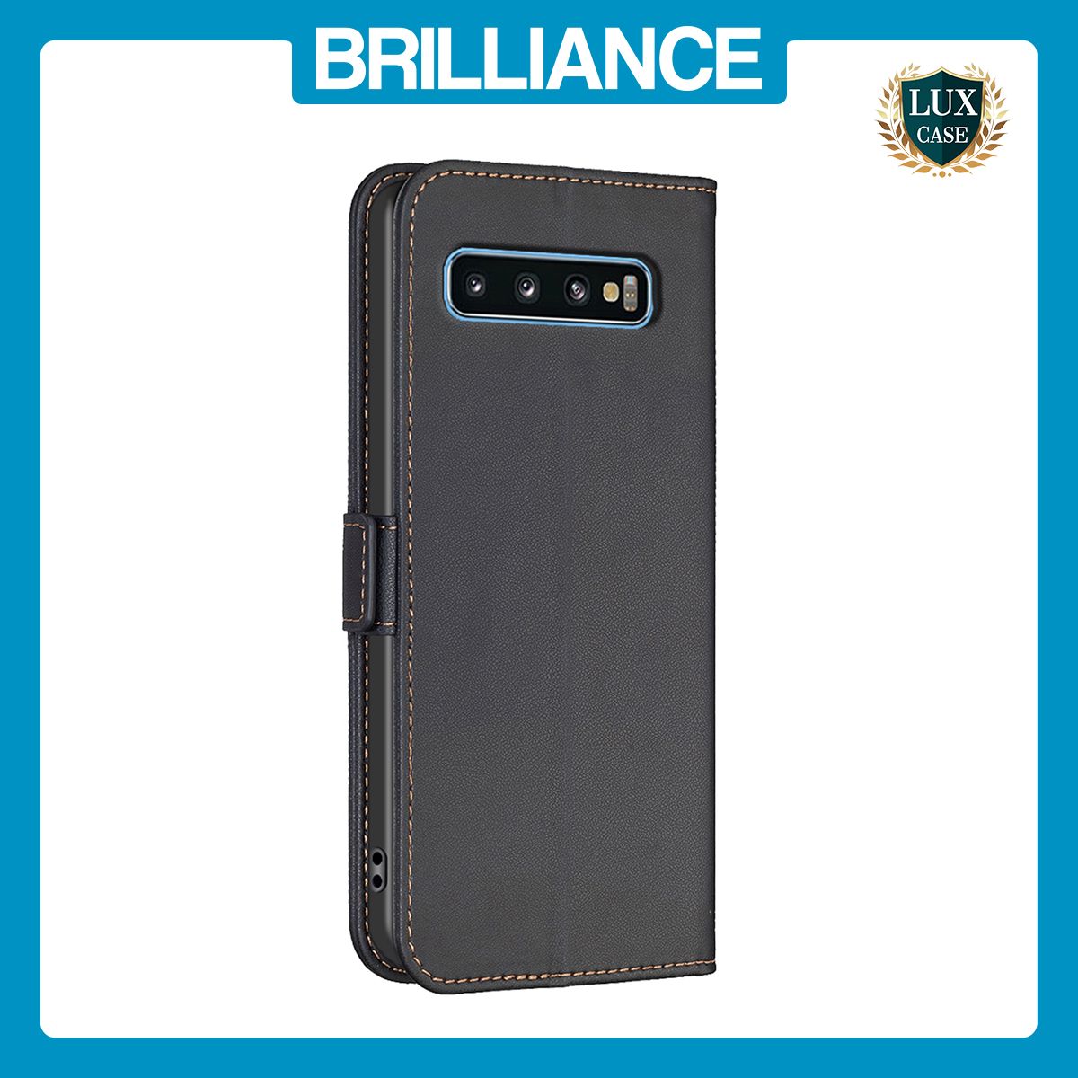 Brilliance LUX Samsung S10 Flip Book PU Leather Wallet  Holder & Stand with Card Pockets Case Black
