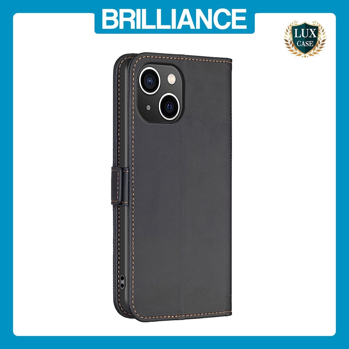 Brilliance LUX iPhone 14/13 Flip Book PU Leather Wallet Holder & Stand with Card Pockets Case Black