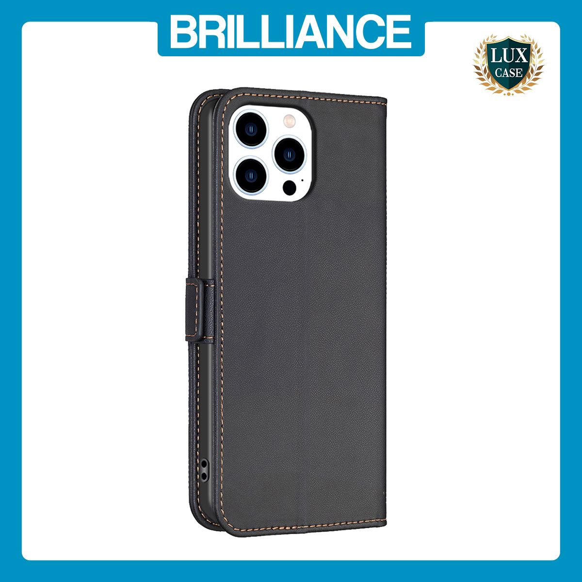 Brilliance LUX iPhone 14 Pro Flip Book PU Leather Wallet Holder & Stand with Card Pockets Case Black